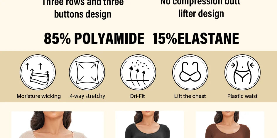 Spandex Elastic Body Suit Shapewear Women Body Shaper Tummy Control Long Sleeve Open Crotch Round Neck Seamless Shapers