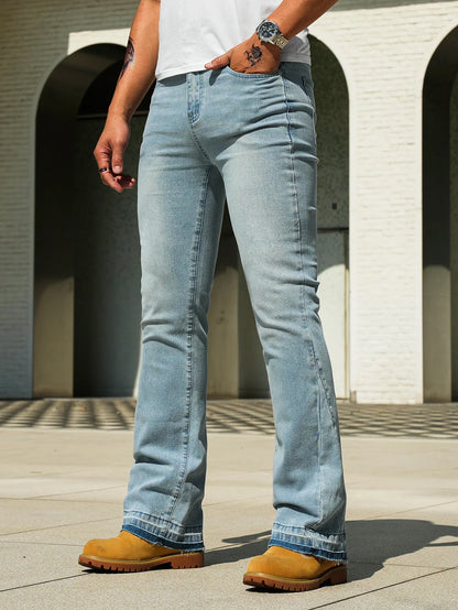 Men's Vintage Light Blue / Black Flare Jeans, Slim Straight Leg Raw Hem Casual Denim Pants