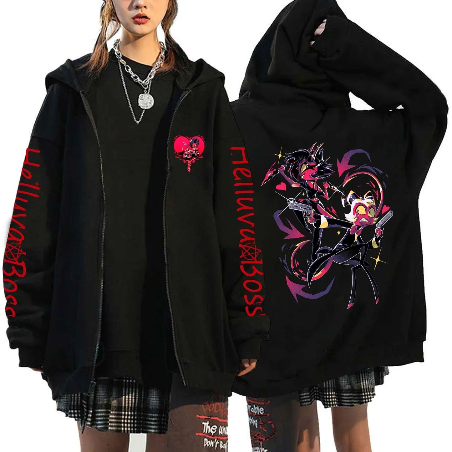 Helluva Boss Print Hooded Zipper Men Women Casual Fashion Fall Winter Warm Vintage Long Sleeve Tops Fleece Zip-Up Sweatshirts