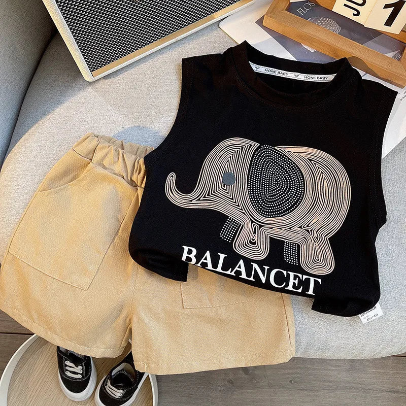 New Summer Suits for Baby Cartoon Elephant Kids Sleeveless Top +Short Pants 2pcs/sets Toddler Boy Casual Fashion Clothing Suits
