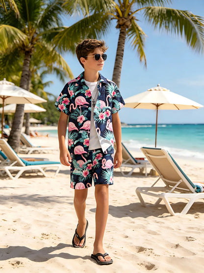 Tween Boys Hawaiian Vacation Style Short Sleeve Shirt And Shorts Set for Outdoor Scene Beach Vacation Casual Outfit Summer