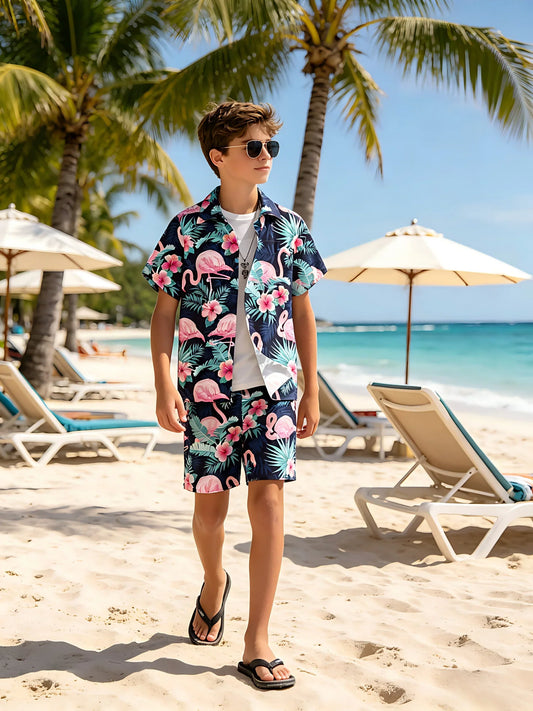 Tween Boys Hawaiian Vacation Style Short Sleeve Shirt And Shorts Set for Outdoor Scene Beach Vacation Casual Outfit Summer