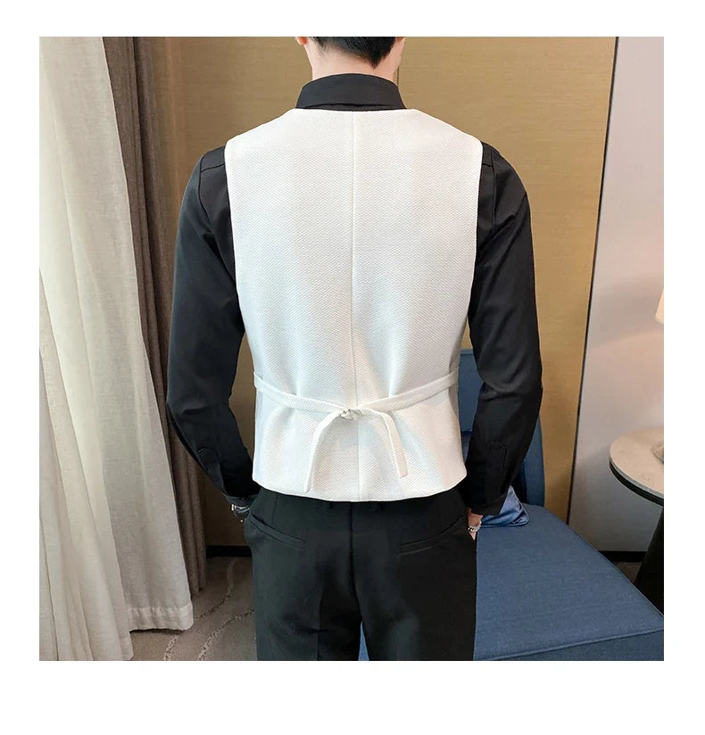2025 New Fashion Men's Double Breasted Gentleman Dress Casual Vest Fashion Nightclub Bartender Work Clothes V Neck Vest Jacket