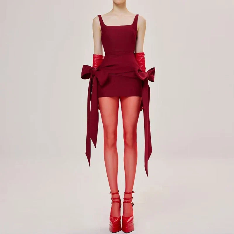 Fashion Red Bowknot Mini Dress Straps Square Collar Sleeveless Backless Vintage Cute Ladies Slim Party Short A-line Dresses