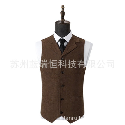 2026 Men's Business Woolen Suit Vest Fashionable British Retro Twill Vest Workwear Slim Fit Vest Elegant Classic Style Black