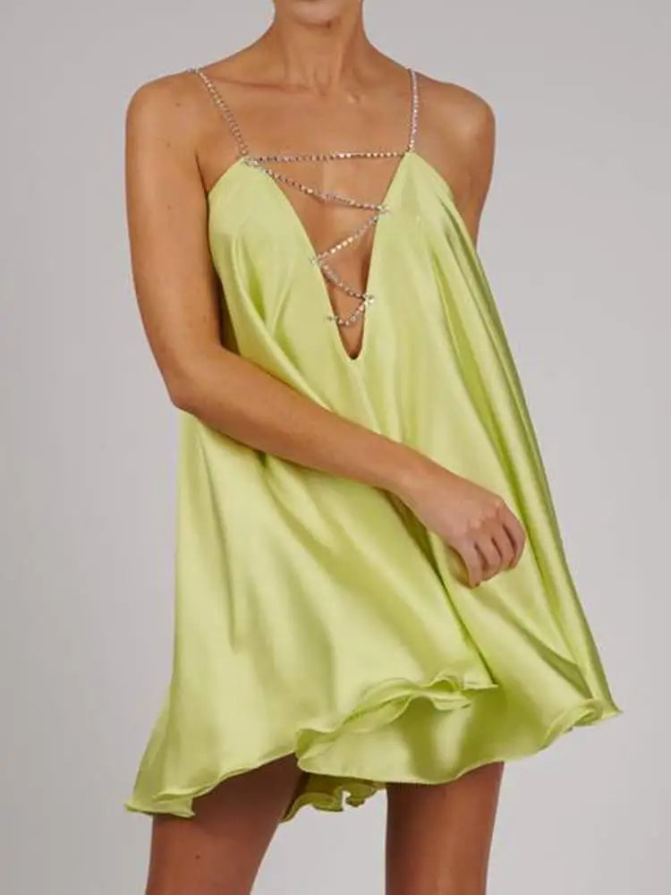 Fashion Womens Casual Chain Suspender Short Dress Fashion Solid Color Hollow V-Neck A-Line Dress Party Club Street Style S-XL