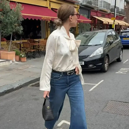 Satin Scarf Neck Polka Dot Printing Women Blouse Fashion Full Sleeve Loose Basic Shirt Lady Spring Highstreet Commute Wears New