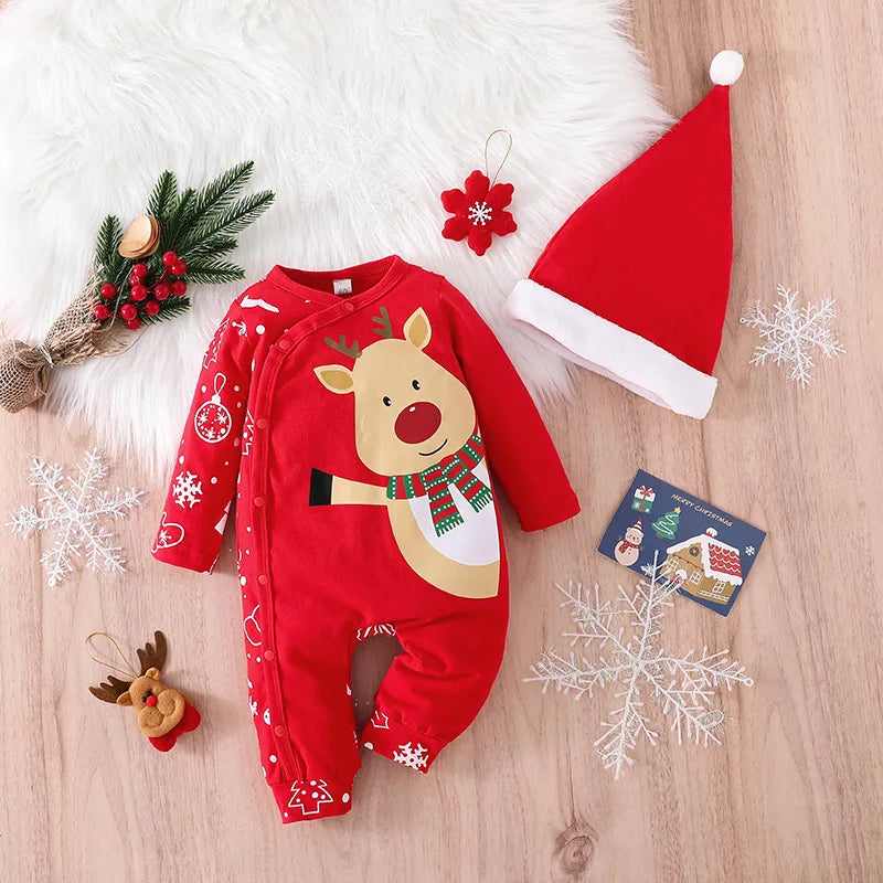 Prowow 0-18M Baby Christmas Costume Cartoon Deer Jumpsuit With Santa Hat Christmas Baby Romper For Newborn New Year Costume