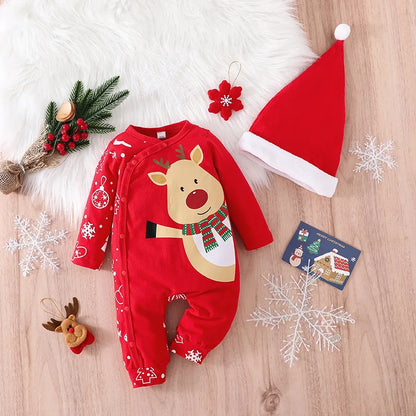 Prowow 0-18M Baby Christmas Costume Cartoon Deer Jumpsuit With Santa Hat Christmas Baby Romper For Newborn New Year Costume
