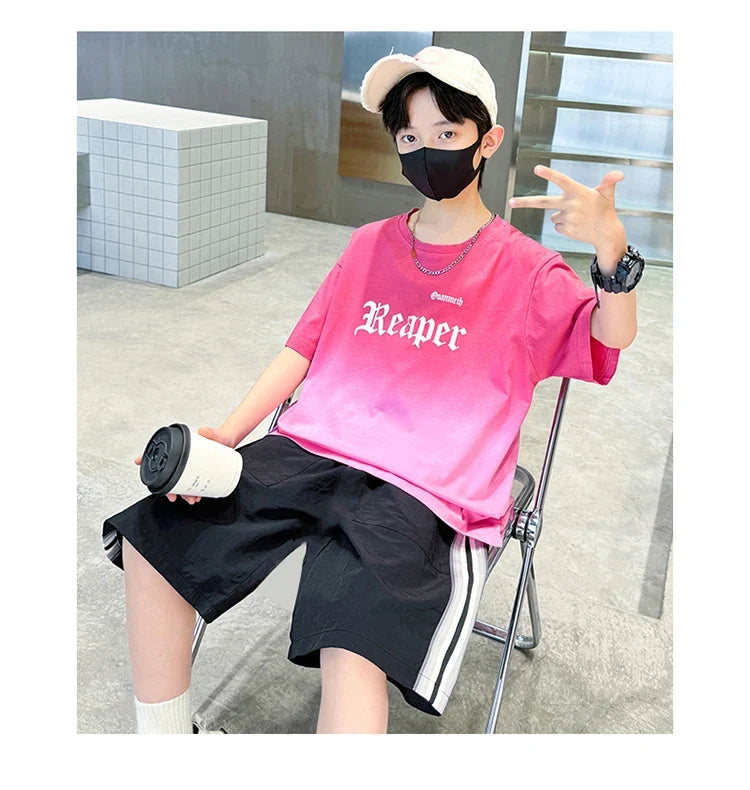 Children Summer Set for Boy Cotton Short Sleeve T-shirt And Shorts Clothing Set Kids Hip Hop Rapper Outfit Suit 2 Pcs Tracksuit