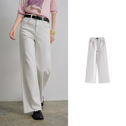 Women Jeans 2026 Spring New Black Label Lycra Stretchy White Frayed Cuff Loose Wide-Leg Pants