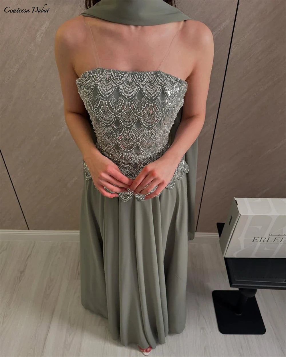 Custom Classic Evening Dress Strapless Beaded Bodice Robes De Soirée Sage Cape Shawl Bridesmaid Dress Maxi Floor Length