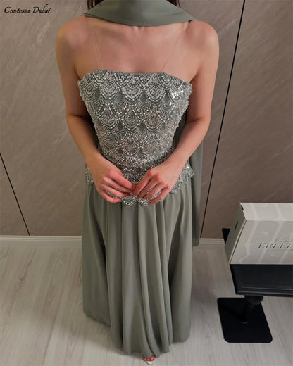 Custom Classic Evening Dress Strapless Beaded Bodice Robes De Soirée Sage Cape Shawl Bridesmaid Dress Maxi Floor Length