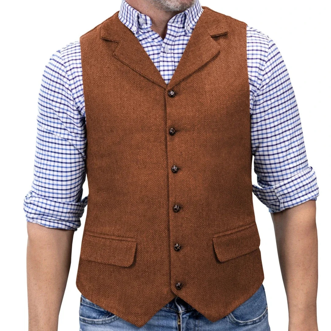 Men Vest Brown Herringbone Single Button With Lapel Waistcoat For Wedding Banquet Party Business Work Daily Casual Men Suit Vest