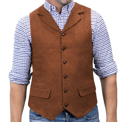 Men Vest Brown Herringbone Single Button With Lapel Waistcoat For Wedding Banquet Party Business Work Daily Casual Men Suit Vest