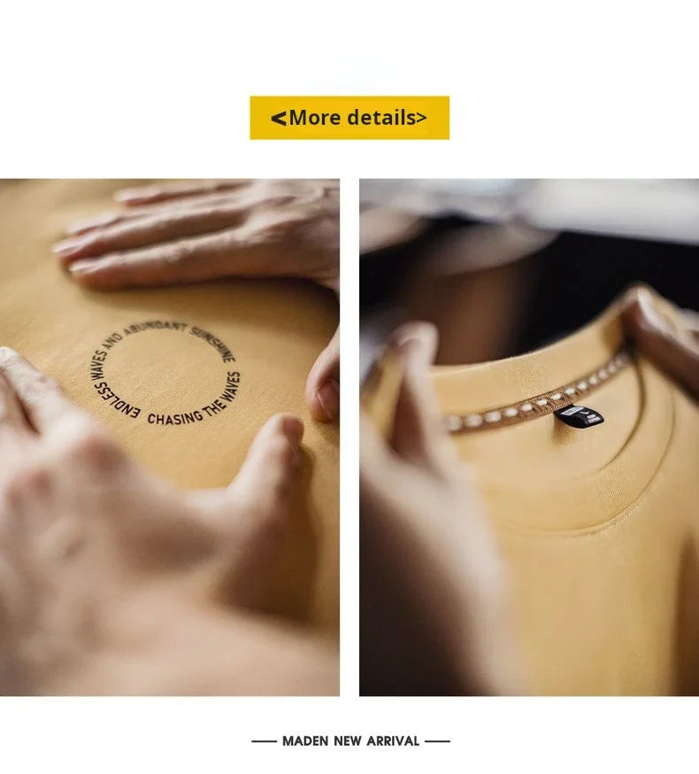 Vintage Foam Print Short Sleeves T-Shirt Men's Summer Heavyweight Yellow Cotton Tee Loose Fit Crew Neck Casual Street Tops