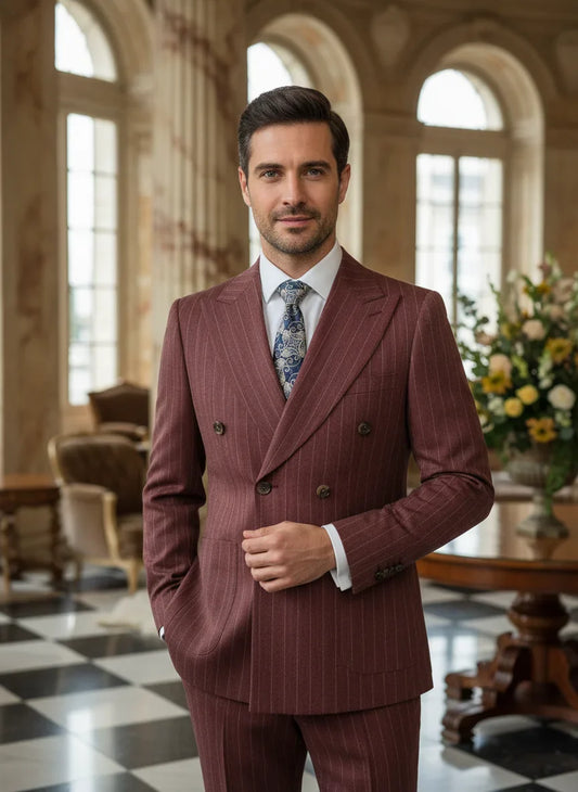 New Men's Suit Fashion Stripe Double Breasted Wedding Groom Costume Leisure Office Business Suit 2 Piece Set