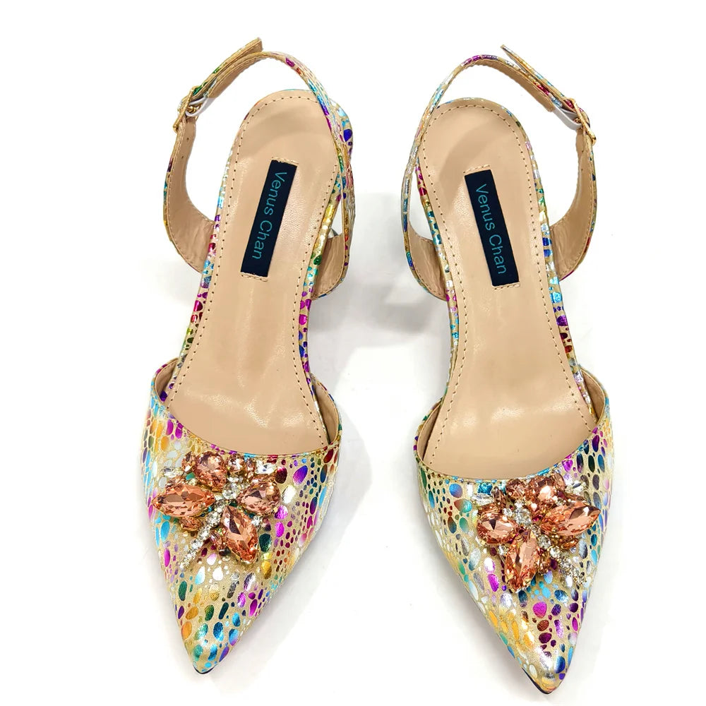 Elegant Rhinestone Heels & Matching Bag Set, Colorful Print Pointed Toe Block Heels for Banquet Club Night