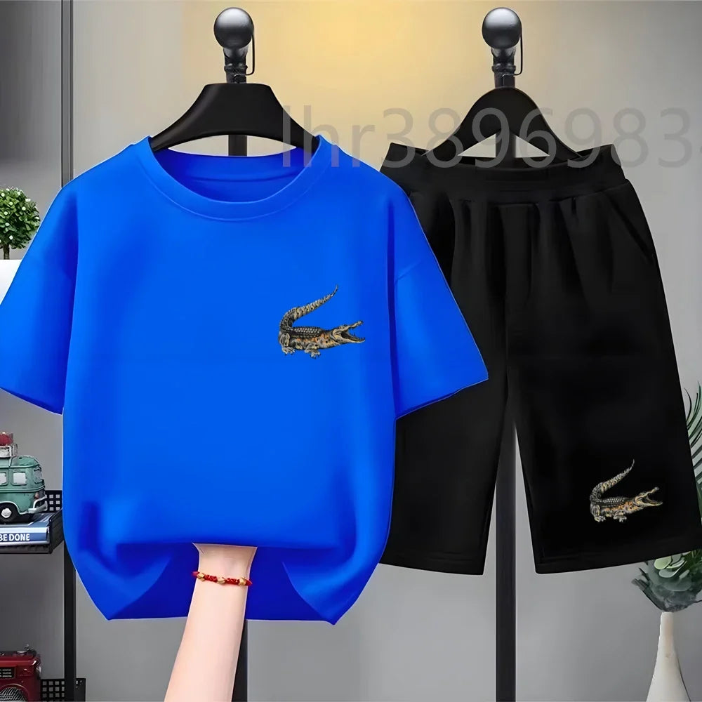 Summer Tees African crocodile print Set Suitable Children Short Sleeve Age 3-12 Girls boy Set Tshirt+Shorts 2pcs Kids clothing
