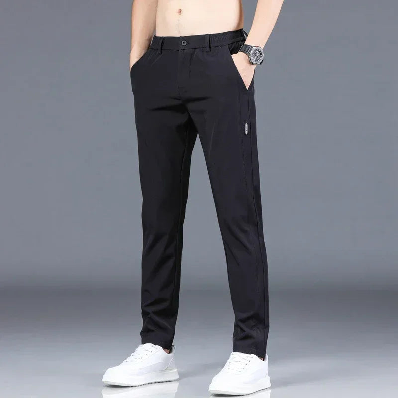 2026 Summer New Thin Ice Silk Stretch Men's Pants Casual Elastic Waist Smooth Trouser Pants Male Brand Clothing 5 Colour