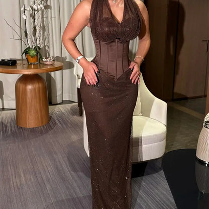 Custom evening dress sexy halter prom dress formal gown party dress glitter mesh V neck corset waist sequin maxi sheath
