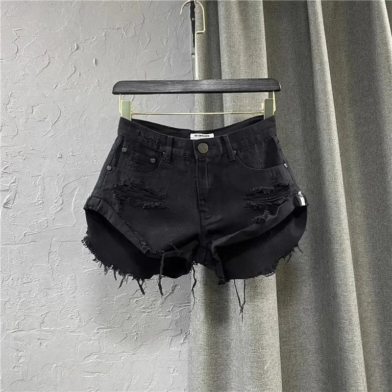 Summer Sexy Shorts Women Korean Style Zipper Frayed Irregular Broken Edge Design Vintage Denim Fashion All-match Slim Streetwear