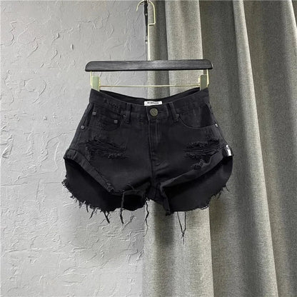 Summer Sexy Shorts Women Korean Style Zipper Frayed Irregular Broken Edge Design Vintage Denim Fashion All-match Slim Streetwear