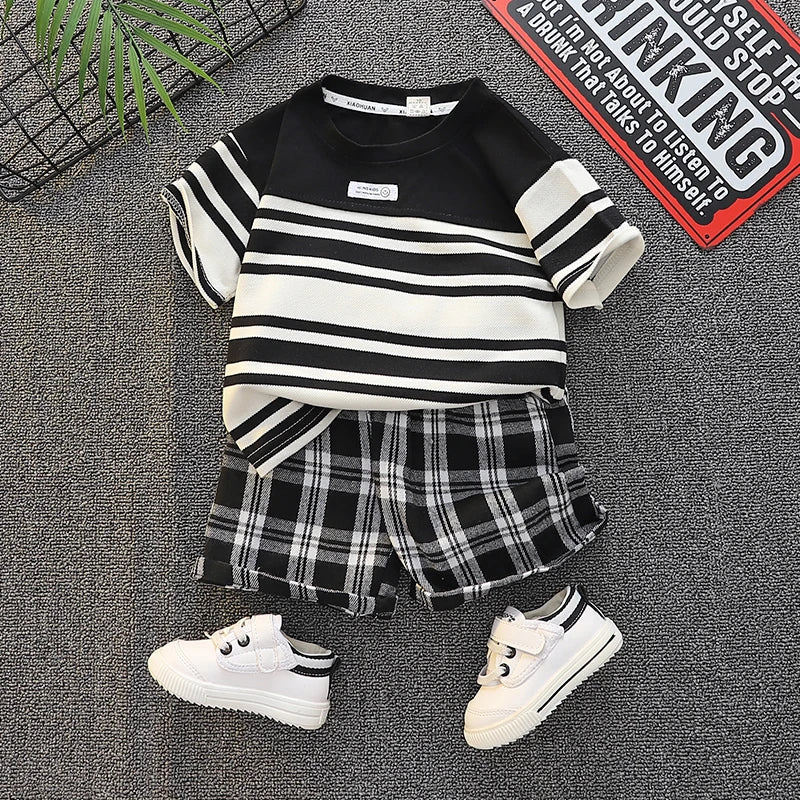 Boys clothing set summer Korean style striped T-shirt checkered shorts fashionable children's cotton 2 piece casual baby clothes