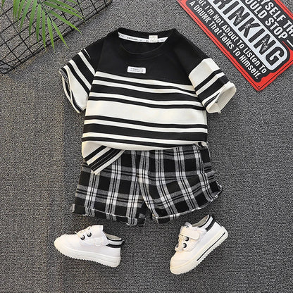 Boys clothing set summer Korean style striped T-shirt checkered shorts fashionable children's cotton 2 piece casual baby clothes