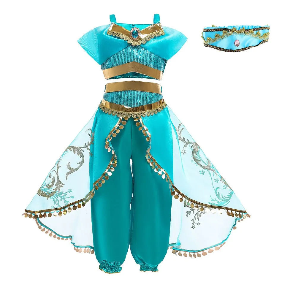 Children Aladdin Lamp Dress Kids Jasmine Costume Girls Birthday Princess Cosplay Shoulderless Outfit Carnival Clothes 3-10T