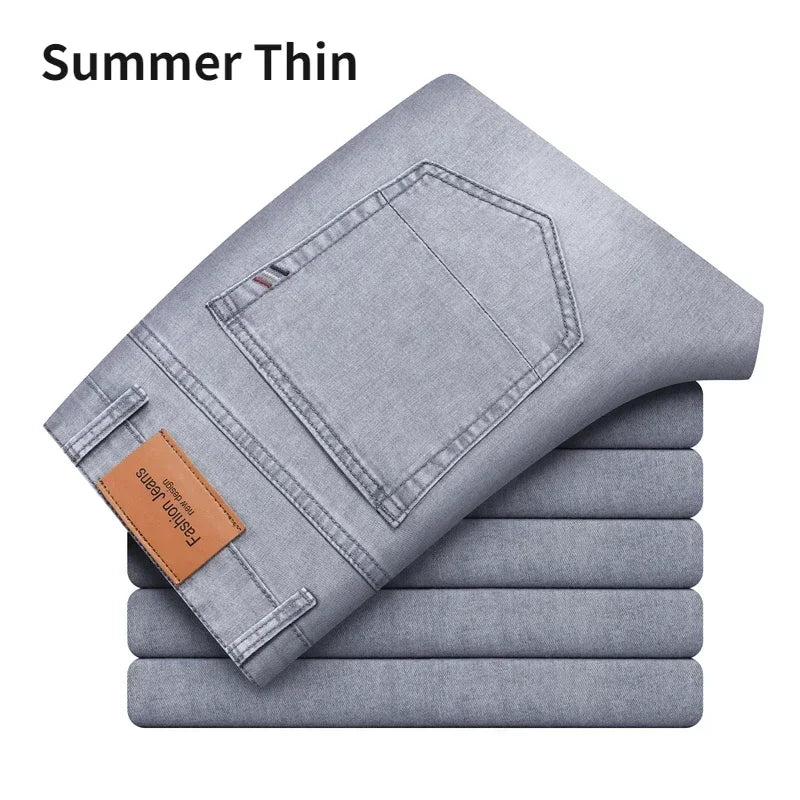 2024 Brand Thin or Thick Material Straight Cotton Stretch Denim Men's  Business Casual High Waist Light Grey Blue Jeans