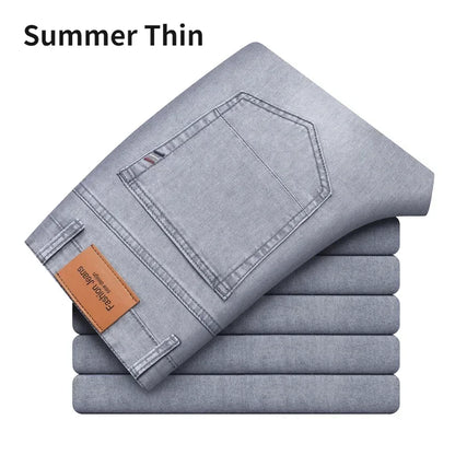 2024 Brand Thin or Thick Material Straight Cotton Stretch Denim Men's  Business Casual High Waist Light Grey Blue Jeans