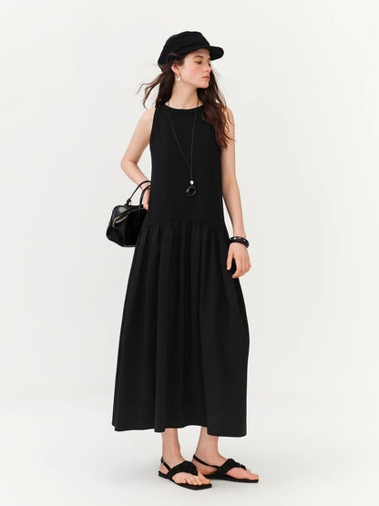 Women's Minimalist Commute Sleeveless Crew Neck Slim Fit Tank Dress 2026 Summer New Arrival Elegant Black Long Daily Dress