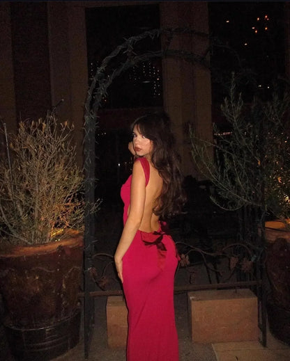 Maxi Elegant Party Dresses 2025 Red Sleeveless Long Dresses Holiday birthday Robe Sexy Clothes for Women with Bow
