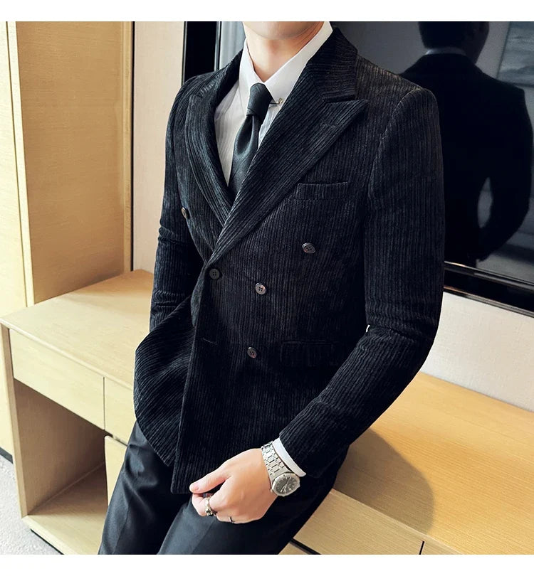 Autumn Winter New Men Corduroy Suit Jackets Double-Breasted Striped Slim Fit Casual Coats High Quality Formal Business Tailcoat