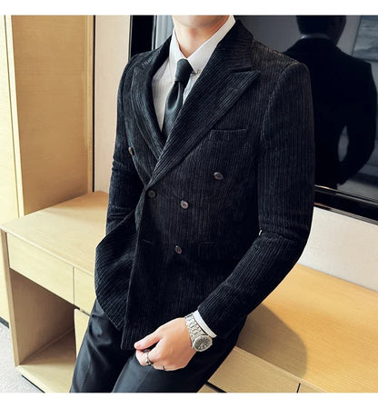 Autumn Winter New Men Corduroy Suit Jackets Double-Breasted Striped Slim Fit Casual Coats High Quality Formal Business Tailcoat
