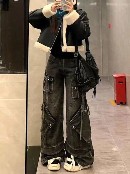 Y2K Harajuku Gothic Multi-Pocket Washed Black Jeans Men And Women American 2000s Heavy Industry Oversize Hip Hop Wide Leg Pants