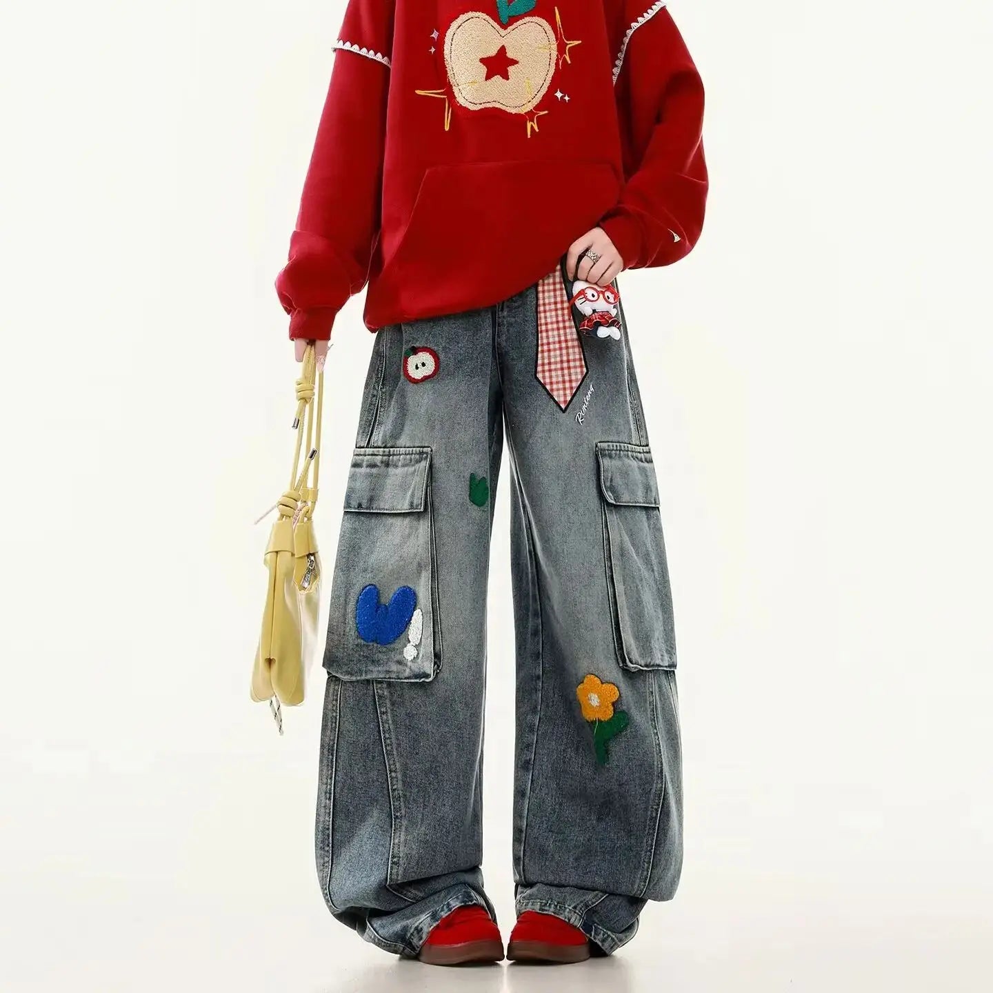 Embroidered Harajuku women's jeans American casual style retro straight leg high street wide leg pants Y2k loose jeans for womem