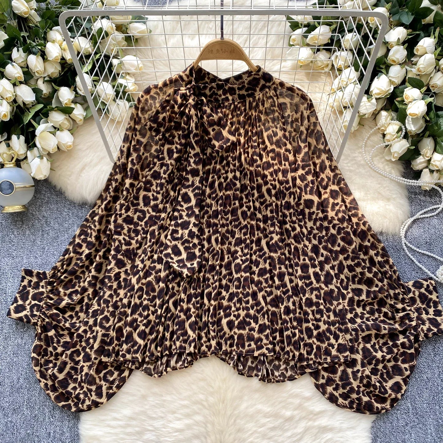 Autumn Leopard Print Blouse Women Bow Neck Long Sleeves Loose Top Korean Style Ins Polka Dot Chiffon Shirt 2025