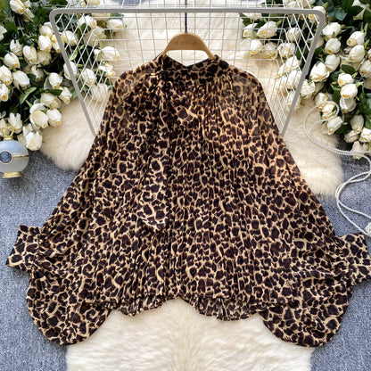 Autumn Leopard Print Blouse Women Bow Neck Long Sleeves Loose Top Korean Style Ins Polka Dot Chiffon Shirt 2025