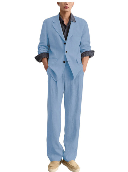 Men's Linen 2 Piece Set Notched Lapel Loose Fit Blazer Wide Leg Trousers Lightweight Breathable Spring Business Casual DailyWear