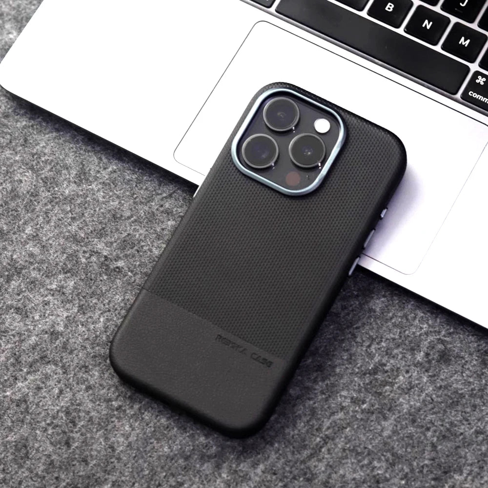 for MagSafe Luxury Business Hit Color Relief Leather Case for IPhone 16 15 14 13 Pro Max Magnetic Wireless Charging Alloy Lens
