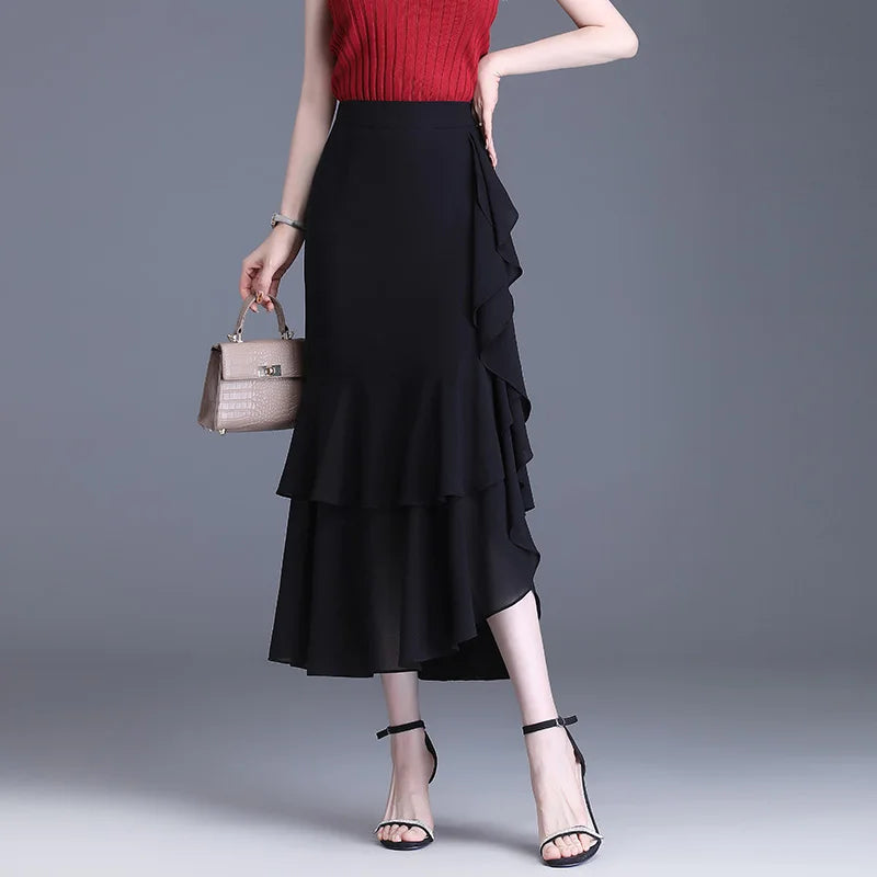 Fashion Irregular Fishtail Chiffon Skirts Elegant High Waist Summer Luxury Party Skirt Female Ruffles Long Skirts