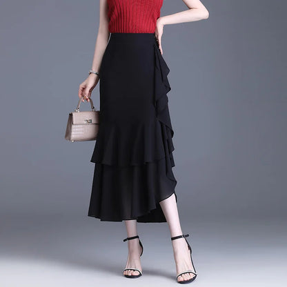 Fashion Irregular Fishtail Chiffon Skirts Elegant High Waist Summer Luxury Party Skirt Female Ruffles Long Skirts