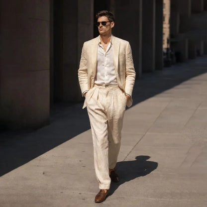 Beige Linen Prom Suits for Men 2 Pieces Wedding Tuxedo Slim Fit Groom Blazer Trousers Set Summer Formal Attire men suit set