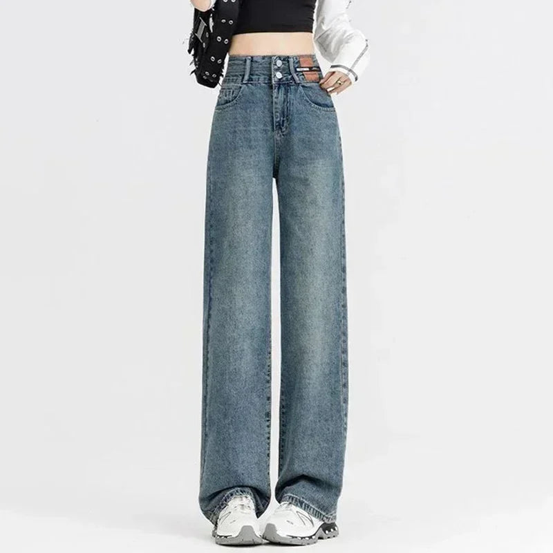 New Woman Korean Double Buckle Design Jeans Female Winter Snow Warm Thermal Plush Pants Girls Popular High Waist Denim Trousers
