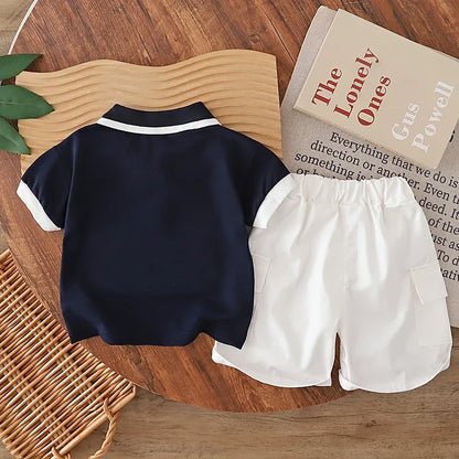 0-5 Years Old Kids Boys 2Pcs Polo Shirt Set Short Sleeve Navy Blue Horse Embroidery Top and White Shorts Summer Casual Wear
