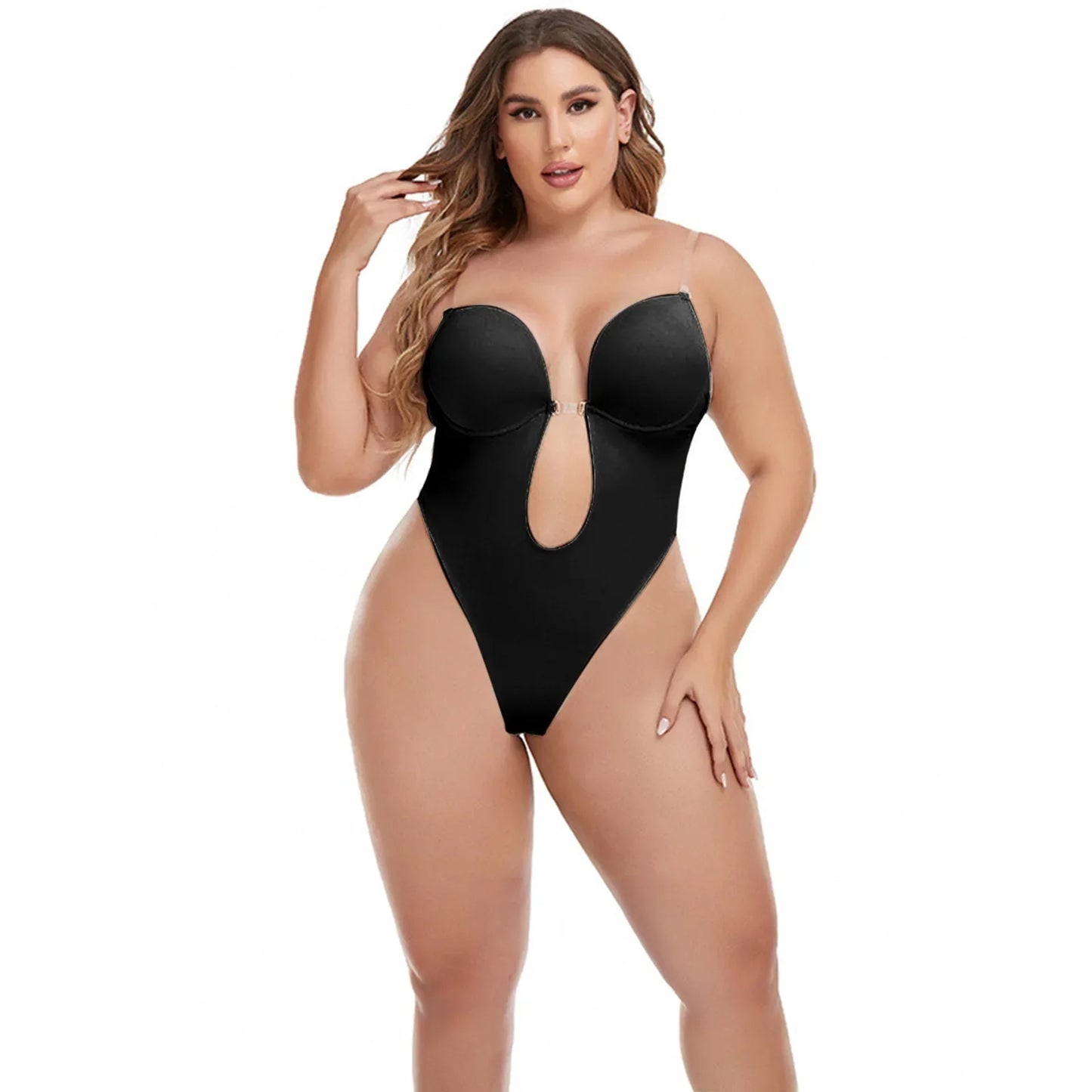 Invisible Shaper Bra Bodysuit Women Corset Backless Deep V U-Plunge Thong Waist Trainer Clear Strap Padded Push Up Shapewear