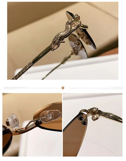 2026 New Fashion Leopard Head Frameless Oval Sunglasses Women Men Internet Celebrity Female Sunscreen Sun Glasses High-end UV400