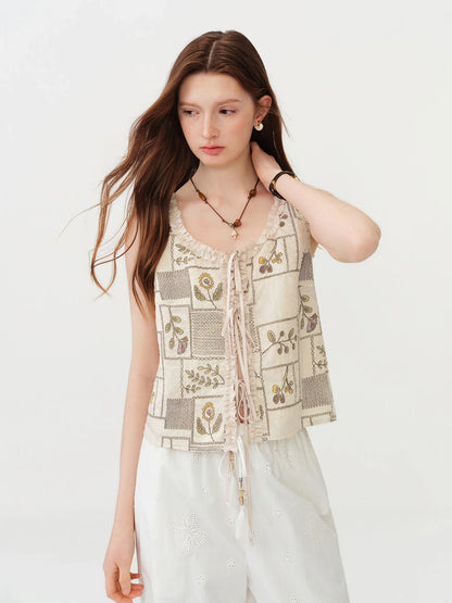 2026 Summer Women's Printed Embroidered Sleeveless Round Neck Top - Elegant Retro Commuter Blouse for Office